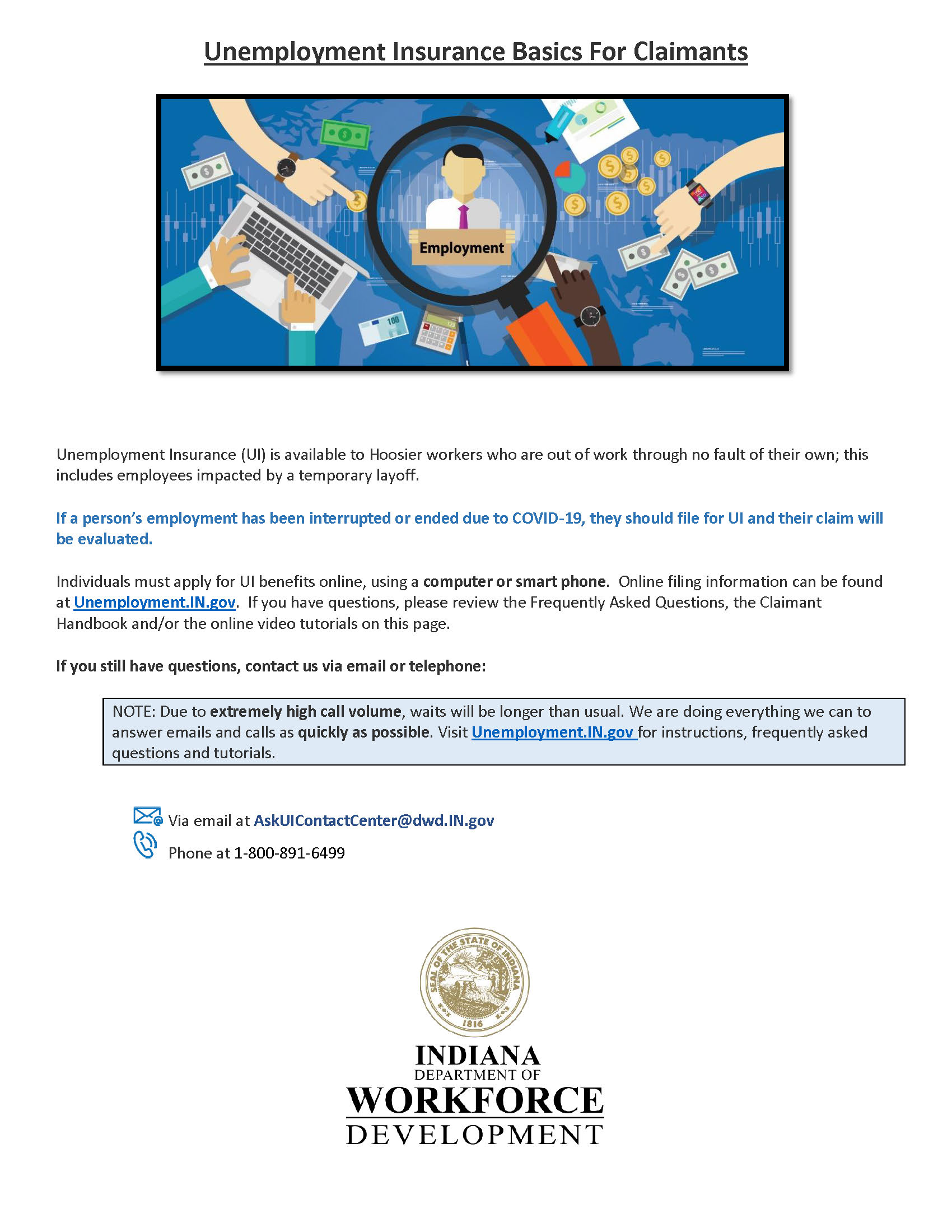 UI Basics for Claimants One Pager. This is a clickable image that opens a Word document detailing the best ways to learn about unemployment in Indiana and Contact DWD.